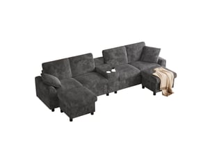 Canapé en u velours côtelé gris 4 places avec 2 poufs de rangement et ports usb
