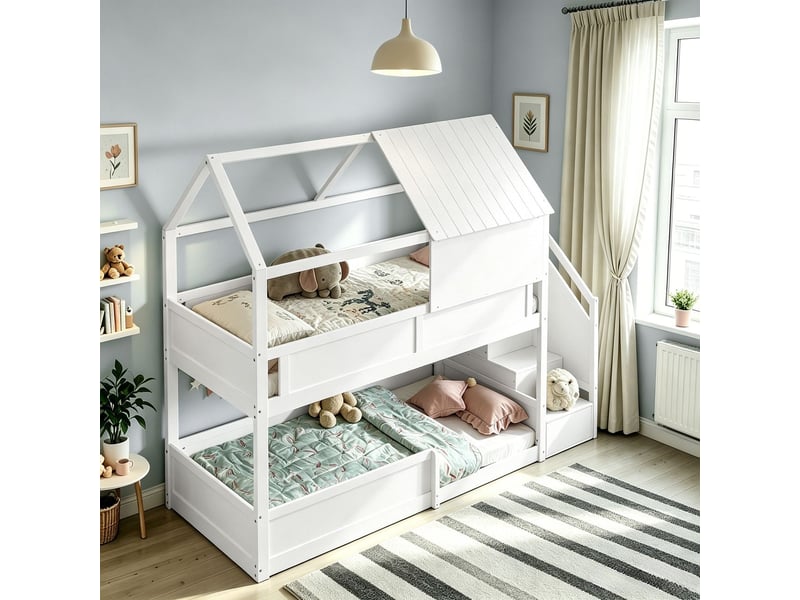 Lit superposé 80 x 200 cm structure double en bois massif design petit toit barrières de sécurité marches intégrées finition blanche  - Conforama B