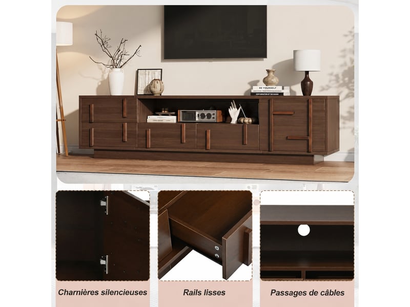  Meuble tv 180 cm pour tv jusqu'à 75 pouces, 4 tiroirs, finition noyer  - Conforama E