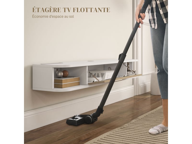  Meuble tv mural banc tv jusqu'à 50 pouces avec armoire à porte rabattable blanc et compartiments ouverts  - Conforama D