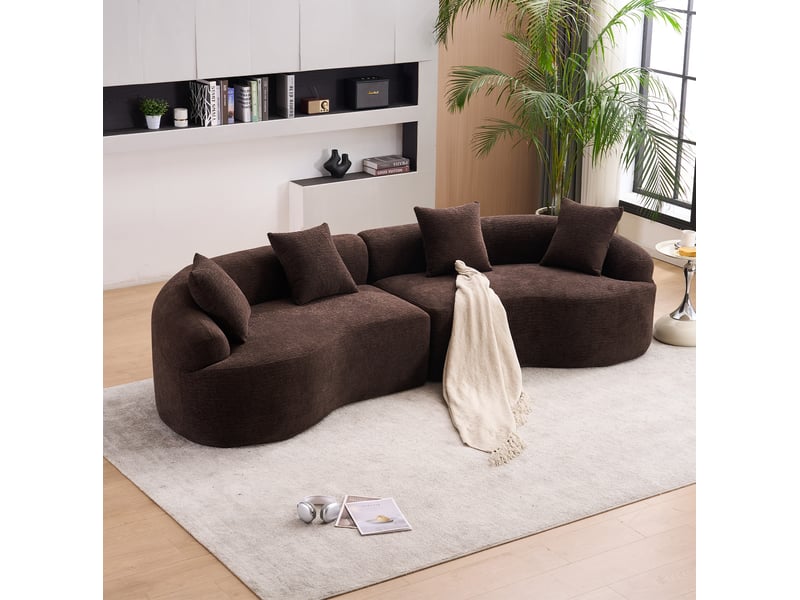 Canapé modulaire courbé 4 places avec coussins, assise moelleuse en chenille marron foncé, 275 × 115 × 63 cm - Conforama B