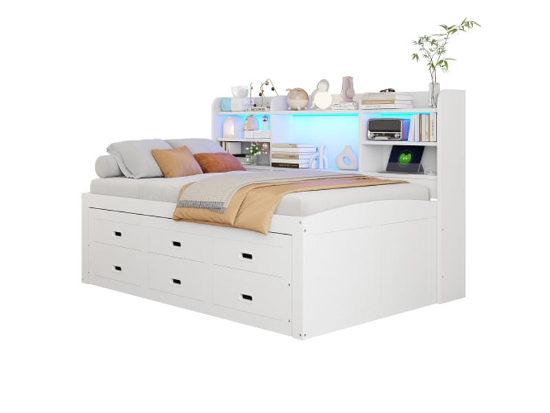 Lit enfant 90x200 cm avec lit gigogne 90x190 cm, led, 3 tiroirs, chevet rangement, usb, blanc, sans matelas - Conforama A