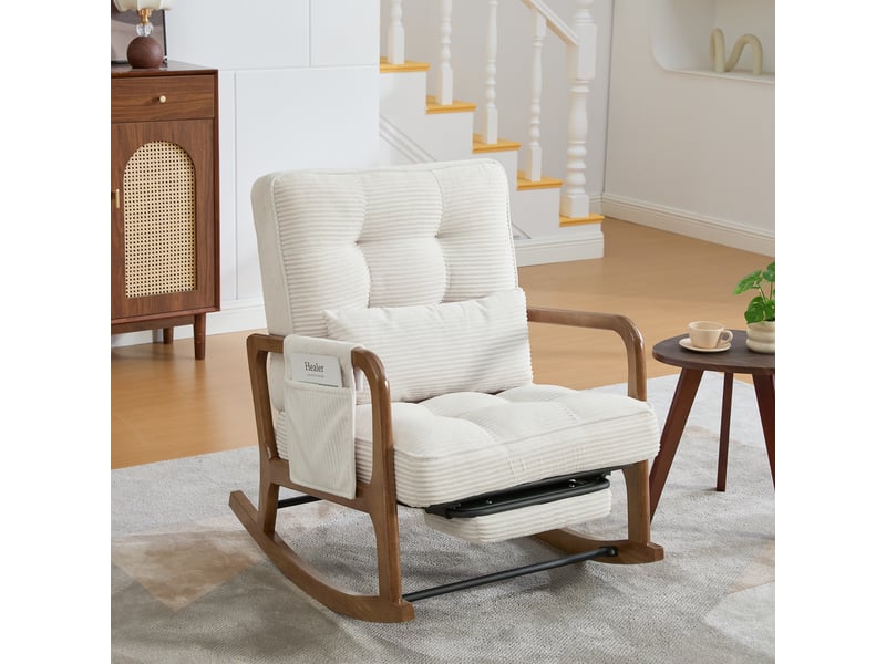  Fauteuil à bascule avec repose-pieds, fauteuil d'allaitement velours côtelé beige, dossier réglable, coussin lombaire, 70x80x92cm  - Conforama D