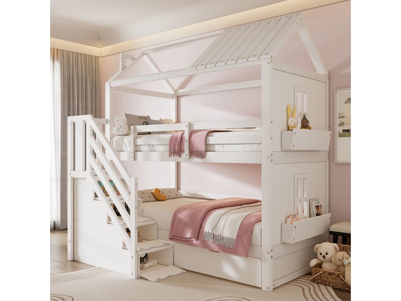  Lit superposé enfant 90x200 multifonction blanc avec escalier de rangement et tiroirs  - Conforama B