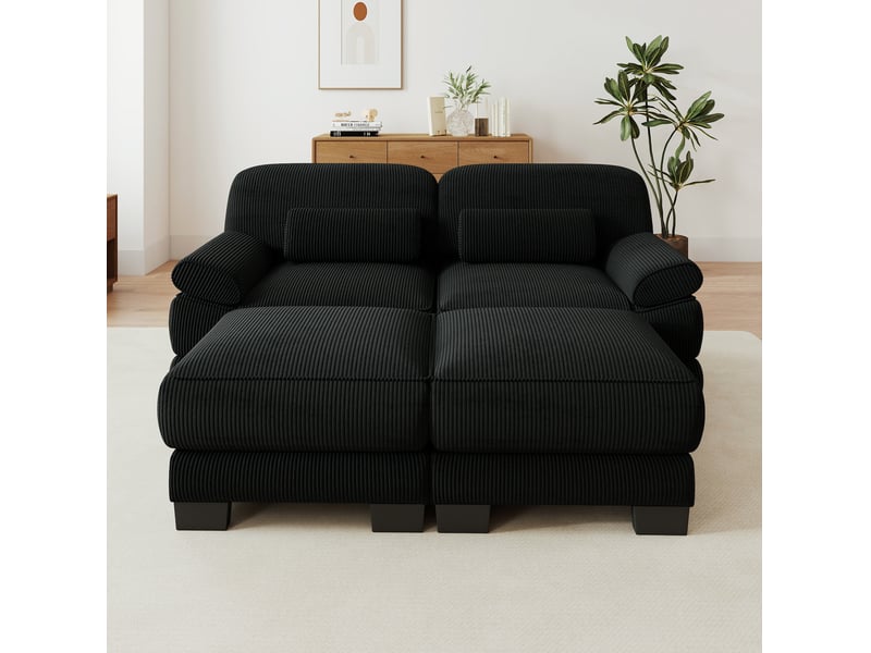 Canapé modulable modenvie 2 places avec 2 poufs en velours côtelé noir - Conforama D
