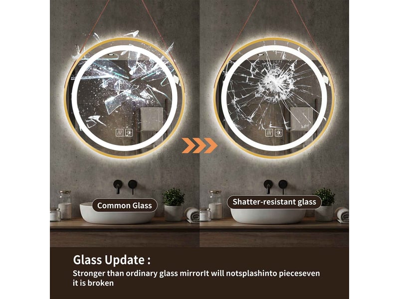 Miroir de salle de bain led 50 cm rond bordure dorée avec sangle anneau lumineux intégré verre sécurit tactile anti-buée  - Conforama D