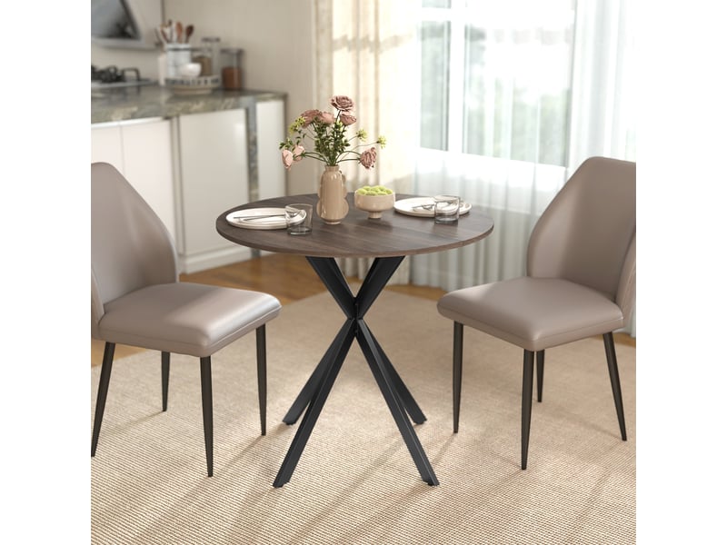  Table à manger ronde pour 2 personnes avec plateau aspect bois et piètement croisé en acier, marron  - Conforama C