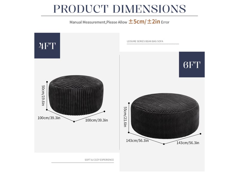  Fauteuil simple - 143x55cm - fauteuil pouf géant poire en mousse mémoire et tissu corduroy doux - noir  - Conforama E