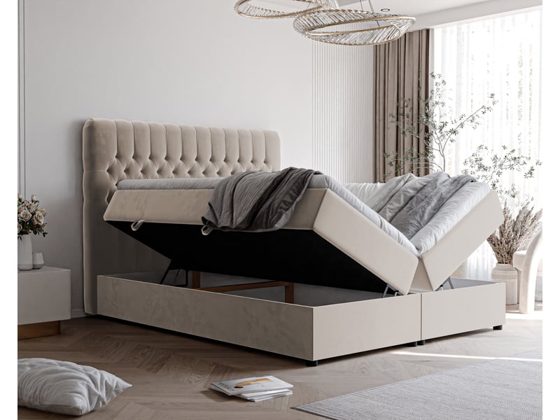 Lit adulte alba - 200x200 cm - matelas ressorts + surmatelas - coffre de rangement - velours dense hydrofuge crème ALBA - Conforama C