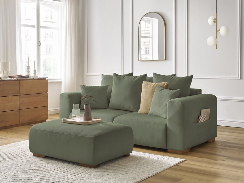  Bobochic canapé droit fixe 2 places sidonie velours côtelé avec pouf vert SIDONIE - Conforama B