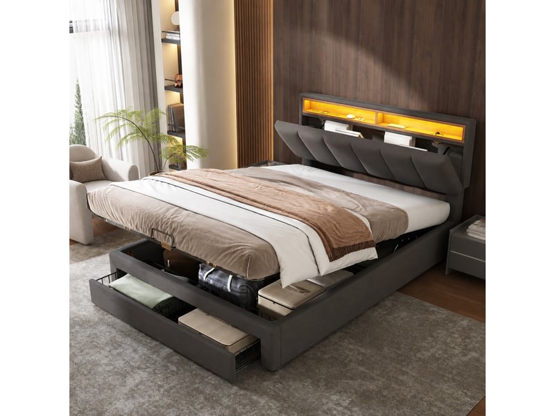 Lit double avec rangement et éclairage led gris 140 x 200 cm  - Conforama C
