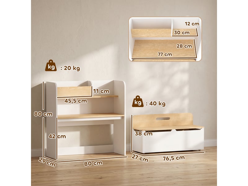 Bureau et chaise pour enfant 5 en 1 avec bibliothèque et banc coffre à roulettes, blanc, pour 3 à 8 ans - Conforama C