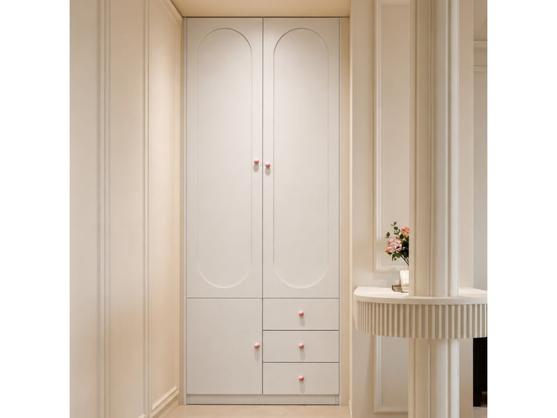 Armoire enfant - 80x50x200 cm - armoire de chambre avec 2 portes et 3 tiroirs, penderie et poignées en céramique - blanc et rose - Conforama D