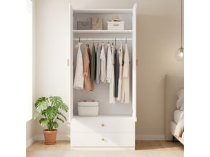 Armoire de chambre blanche avec 2 tiroirs et penderie, poignées en bois massif, 90x45x200 cm