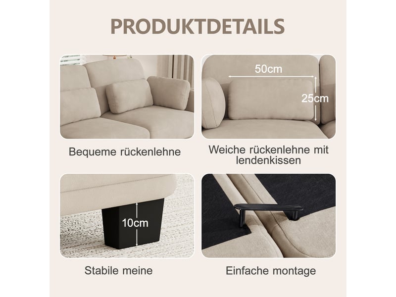  Canapé 2 places modulable en l,176x143x88 cm,avec pouf,chenille,café clair  - Conforama E