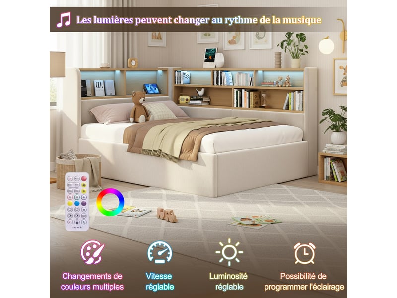Lit banquette coffre 90 × 200 cm avec led, usb-ausb-c et rangement, velours beige IKSETERA TRADING LTD - Conforama E