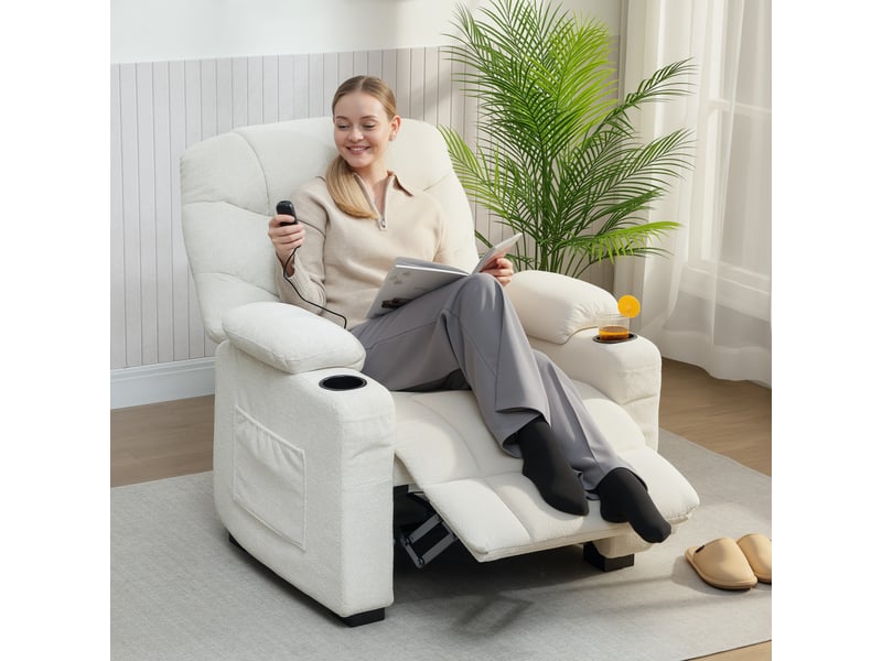  Fauteuil relax électrique, fauteuil inclinable, port usb, repose-pieds, porte-gobelets, 94 x 90 x 105 cm, crème  - Conforama C