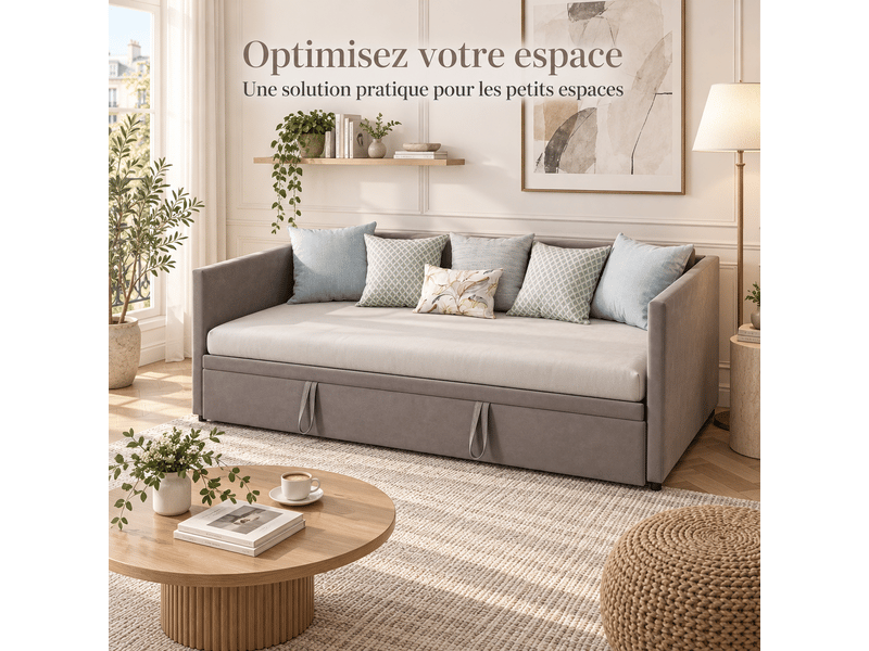 Lit gigogne 2 places 90180 x 200 cm ,lit capitonné avec sommier à lattes, extensible, cadre de lit convertible, lit banquette, tissu en velours, gris, matelas non inclus - Conforama R