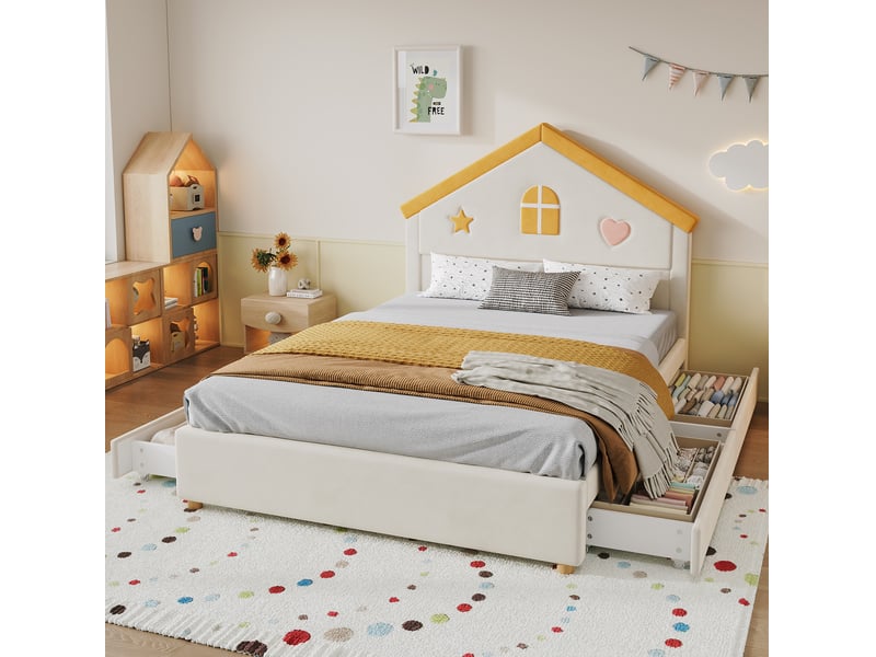Lit enfant 140 × 200 cm avec 4 tiroirs, tête de lit cabane rembourrée en velours beige pour chambre d'enfant - Conforama B