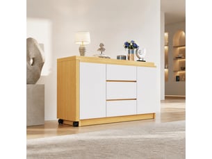 Bureau 120x50x76,5 cm, plateau rotatif 360°, 2 portes et 3 tiroirs, meuble chambre et salon, aggloméré, chêne et blanc