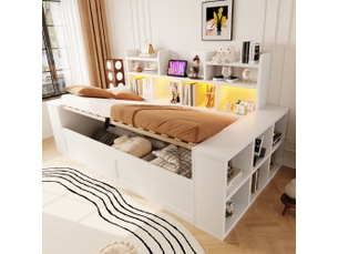 Lit banquette 1 place 90 x 200 cm en bois blanc, coffre hydraulique, rangements intégrés au dossier et aux accoudoirs, prise électrique, éclairage led