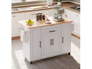 Desserte de cuisine mobile 136x70x92 cm blanche et naturelle avec plateau extensible