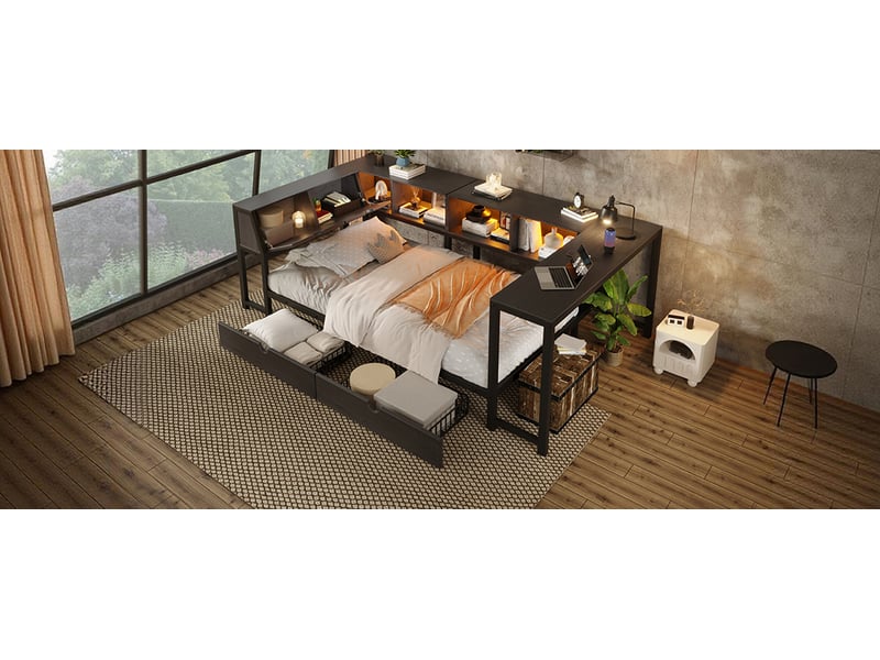  Lit enfant avec bureau 90 × 200 cm, étagères, tiroirs et led, noir  - Conforama B