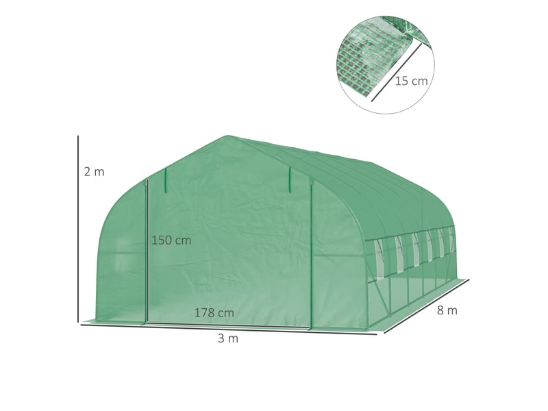  Serre tunnel extérieur 8x3x2 m, 12 fenêtres, porte enroulable, plantestomateslégumes, acierpe 140 gm², vert.  - Conforama E