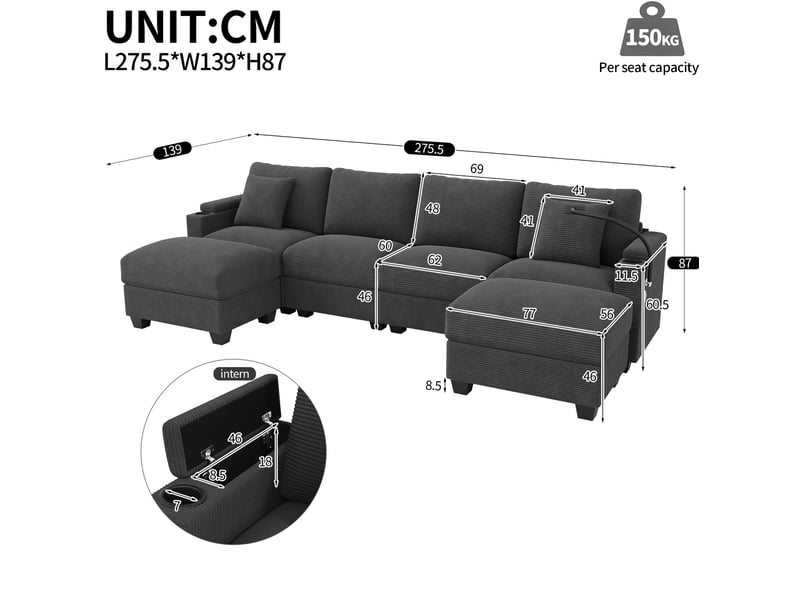 Canapé d'angle u modulable convertible 6 places en velours côtelé gris avec usb-c, rangement et porte-téléphone  - Conforama C