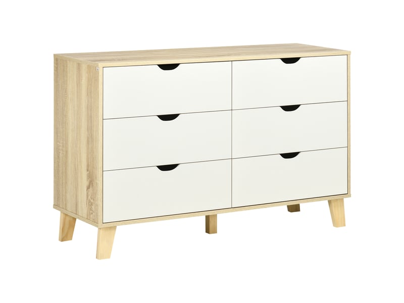  Commode à 6 tiroirs avec poignées en bois sculpté, 120 x 40 x 76 cm, blanc et chêne  - Conforama A