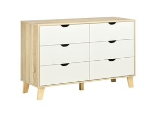 Commode à 6 tiroirs avec poignées en bois sculpté, 120 x 40 x 76 cm, blanc et chêne