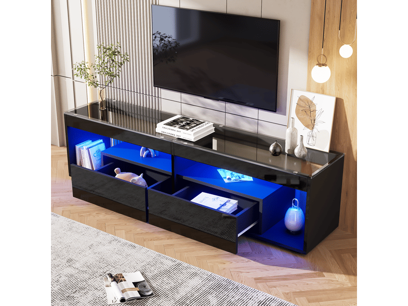  Meuble tv noir brillant led tv jusqu’à 70 2 tiroirs intégrés moderne  - Conforama D