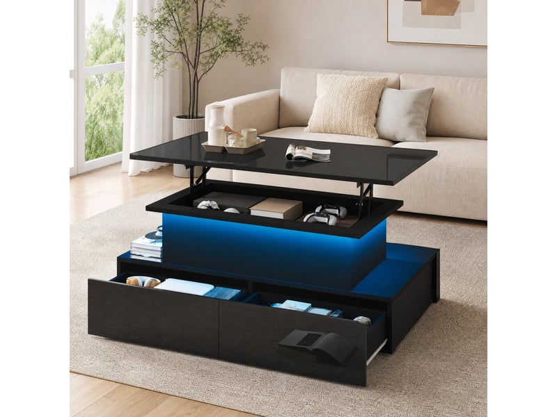 Table basse avec 4 tiroirs et plateau relevable avec led, en panneaux de particules, noir, 90 × 55 × 41 cm - uvrion - Conforama B