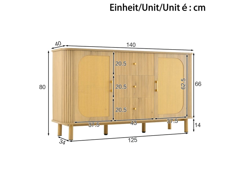  Commode 3 tiroirs et 2 portes, 140 x 40 x 80 cm, étagères et pieds en métal aspect bois, couleur naturel  - Conforama C