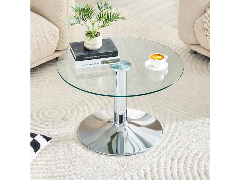 Table basse ronde avec plateau en verre trempé, pied central et base stable, pour salon, en métal argenté - Conforama C