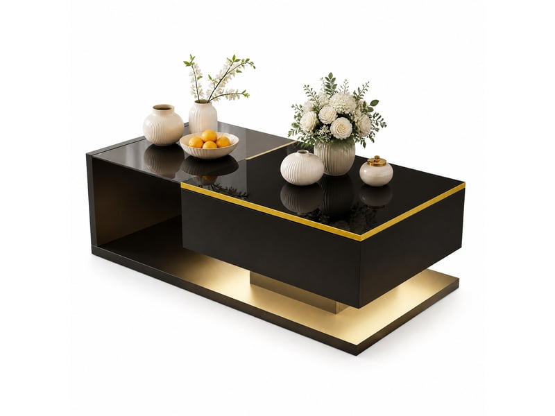  Table basse avec rangement ouvert et led 16 couleurs, en panneaux de particules et verre, noir, 100 × 50 × 32,5 cm  - Conforama A