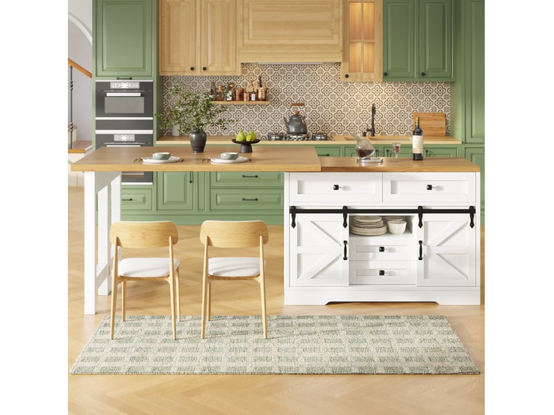  Îlot de cuisine 2-en-1 avec table à manger modenvie extensible de 120 à 197 cm en mdf blanc et effet chêne avec rangement  - Conforama D