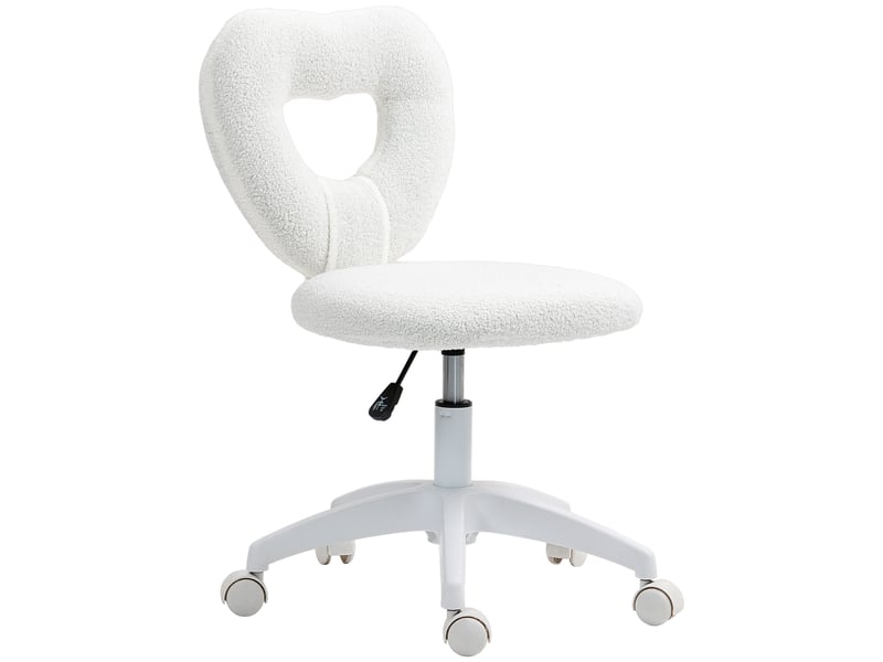  Chaise de bureau rembourrée avec dossier en forme de cœur et roulettes, en velours peluche et plastique, 45 x 56 x 78-88 cm, blanche  - Conforama B