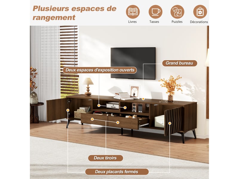  Meuble tv bas 180x35x45 cm avec 2 portes et 2 tiroirs, façade relief 3d effet noyer pour tv jusqu'à 75 pouces OMNIGLINT TRADING LTD - Conforama D