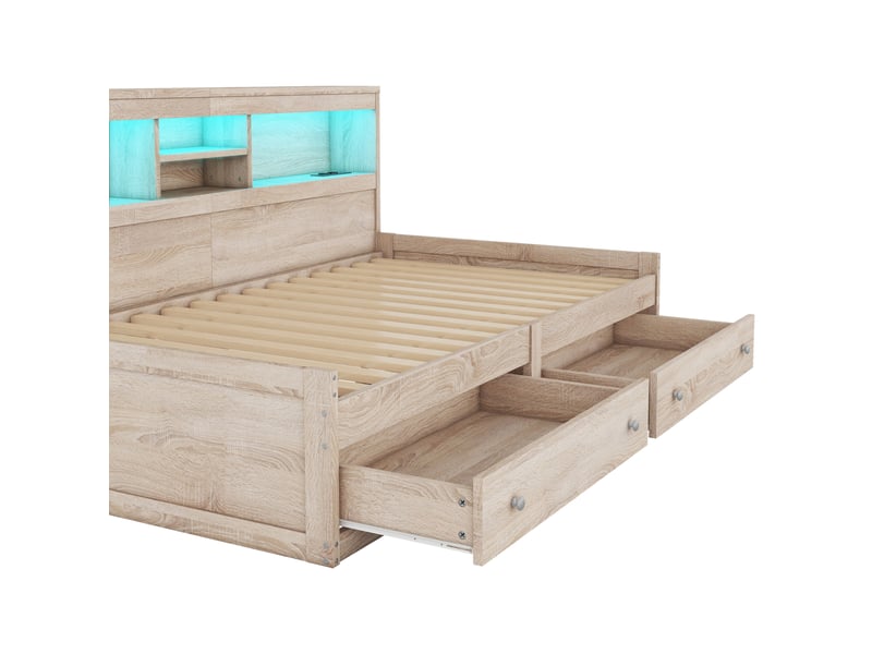  Lit banquette 90x200 lit de jour avec tiroirs et sommier - éclairage led prises usb bois naturel  - Conforama R