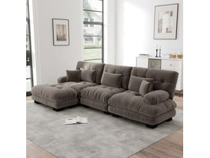 Canapé d’angle modulable 3 places avec poufs mobiles en chenille marron - 313 x 145 x 81 cm