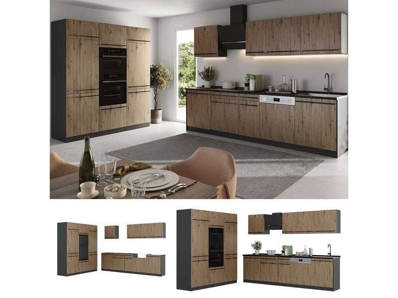  Vicco cuisine, chêne artisananthracite, 180cm plan de travail chêne doré  - Conforama D