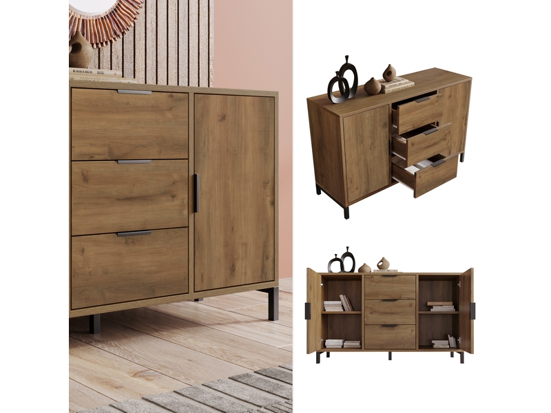  Commode 2 portes 3 tiroirs 120x40x76 cm – chêne foncé – étagère réglable et rangement style industriel  - Conforama E