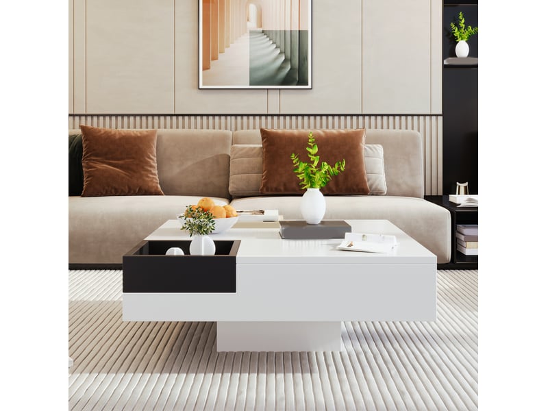  Table basse carrée avec 1 boîte de rangement amovible et led, style moderne, pour salon, 72 × 72 × 30 cm  - Conforama B