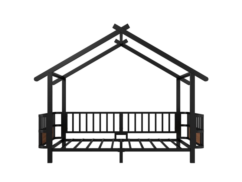  Lit cabane enfant 90x200 cm - barrières de sécurité - structure en métal - design maison - lit 1 place - noir  - Conforama R