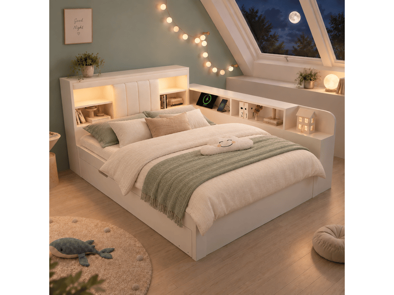  Lit banquette gigogne 140x200cm avec sommier à lattes, liseuses, ports usb, tête de lit en pu et étagères, cadre en bois, sans matelas, blanc evarich - Conforama E