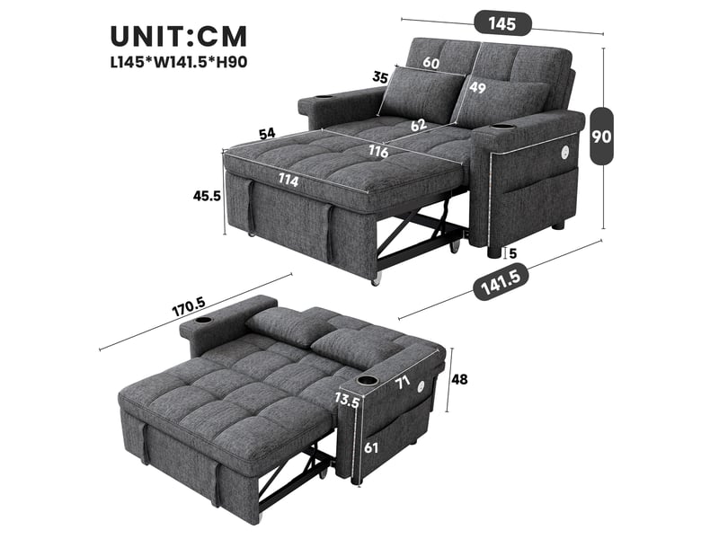  Canapé convertible en lit 145 cm, 2 places avec dossier réglable 3 positions, led, usbtype-c, porte-gobelets, poche latérale, chenille, gris  - Conforama D
