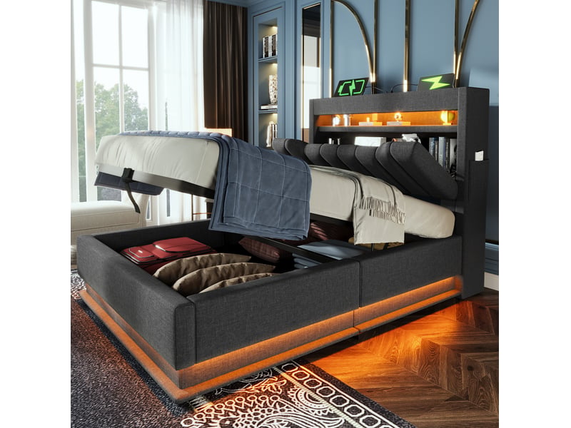  Lit rembourré 90 × 200 cm 1 place avec coffre, led réglable, usb et type-c, avec matelas, gris en lin  - Conforama C