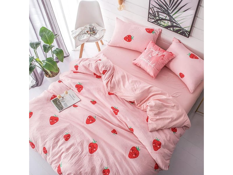 Drap-housse - taie d'oreiller - housse de couette - 150x210 cm - polyester - imprimé fraise - pour lit 1,50 m - lot de 3 pièces  - Conforama D
