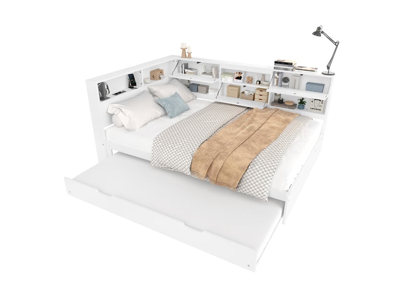  Lit banquette 140x200 en bois massif avec lit gigogne blanc et tête de lit de rangement  - Conforama A
